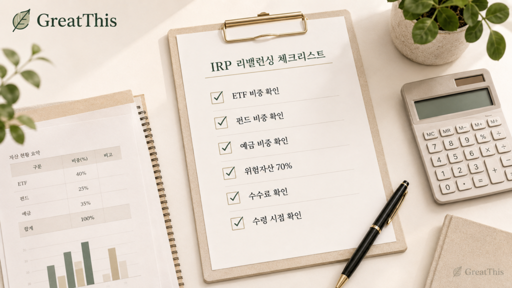 IRP 리밸런싱 전 ETF 펀드 예금 비중과 위험자산 70퍼센트 기준을 확인하는 체크리스트 이미지