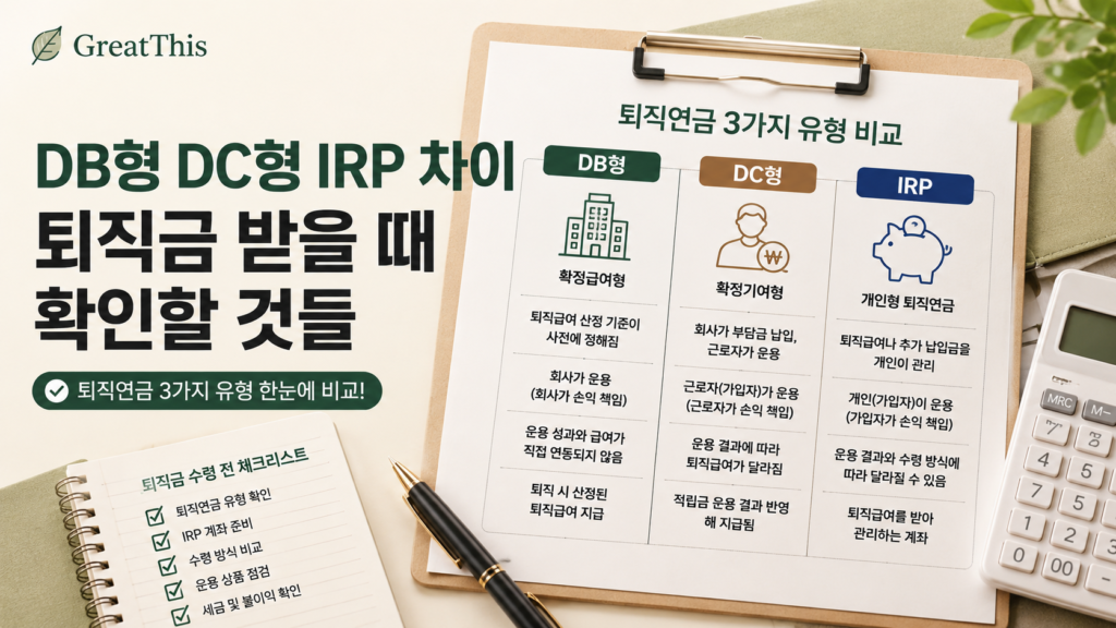 퇴직연금 DB형 DC형 IRP 차이를 비교하는 문서와 체크리스트 이미지