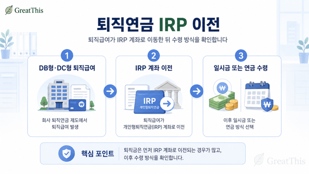 DB형과 DC형 퇴직급여가 IRP 계좌로 이전되고 일시금 또는 연금 수령으로 이어지는 흐름도 이미지