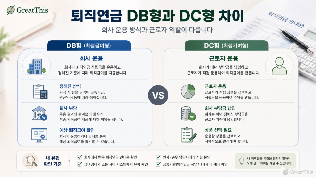 퇴직연금 DB형은 회사가 운용하고 DC형은 근로자가 직접 운용하는 차이를 설명한 비교 이미지