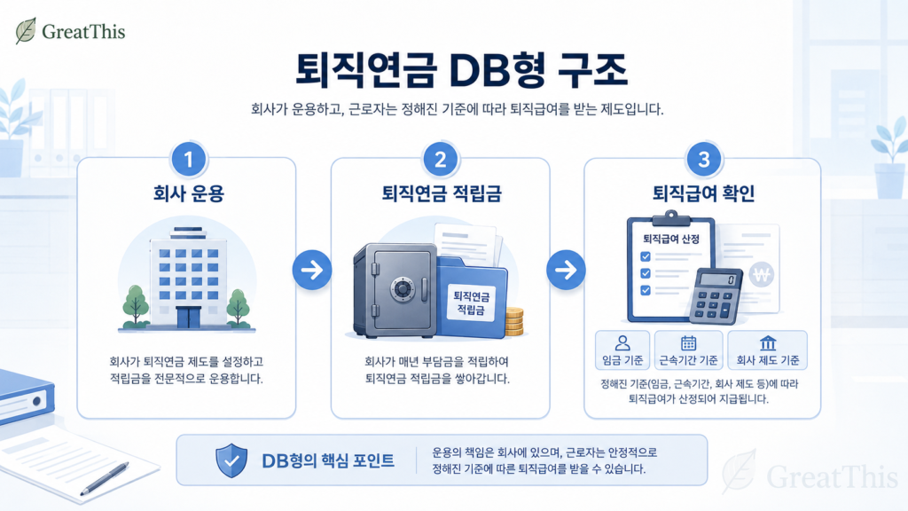 회사가 퇴직연금 적립금을 운용하고 근로자가 퇴직급여를 확인하는 구조를 설명한 이미지