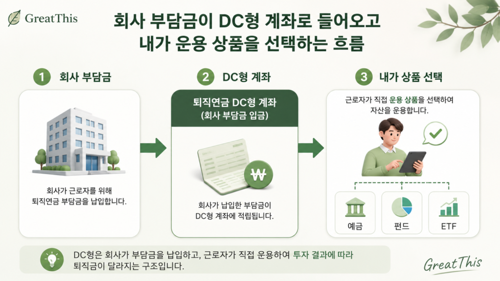 회사 부담금이 퇴직연금 DC형 계좌에 들어오고 근로자가 운용 상품을 선택하는 흐름도 이미지
