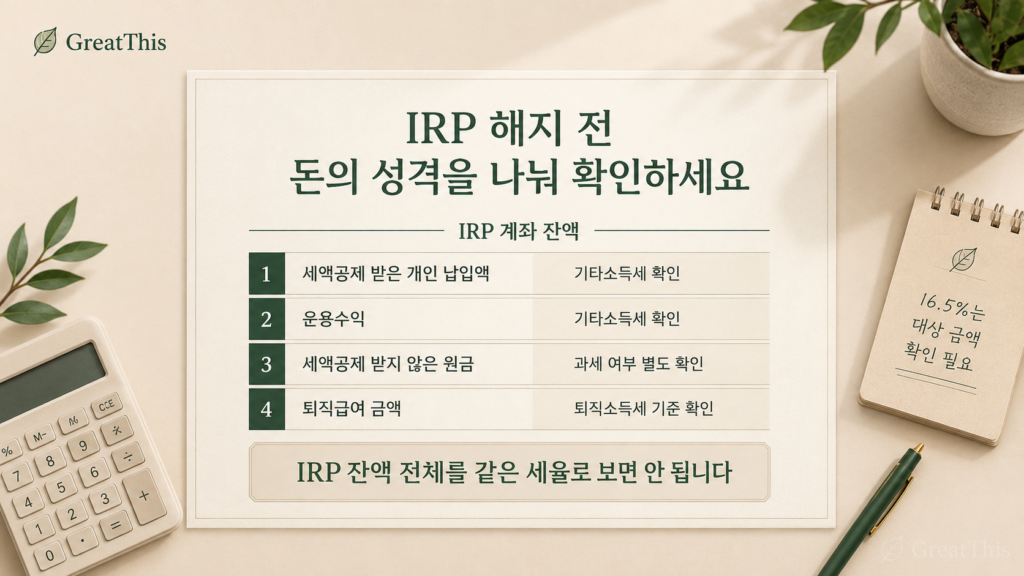IRP 해지 전 세액공제 받은 개인 납입액 운용수익 원금 퇴직급여를 나눠 확인하는 체크리스트