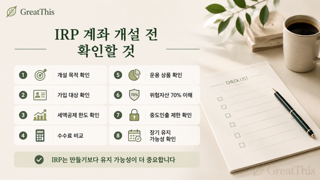 IRP 계좌 개설 전 목적 가입 대상 세액공제 한도 수수료 중도인출 제한 체크리스트