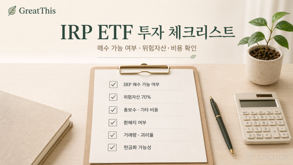 IRP ETF 투자 전 매수 가능 여부 위험자산 한도 총보수 환헤지 여부를 확인하는 체크리스트 이미지