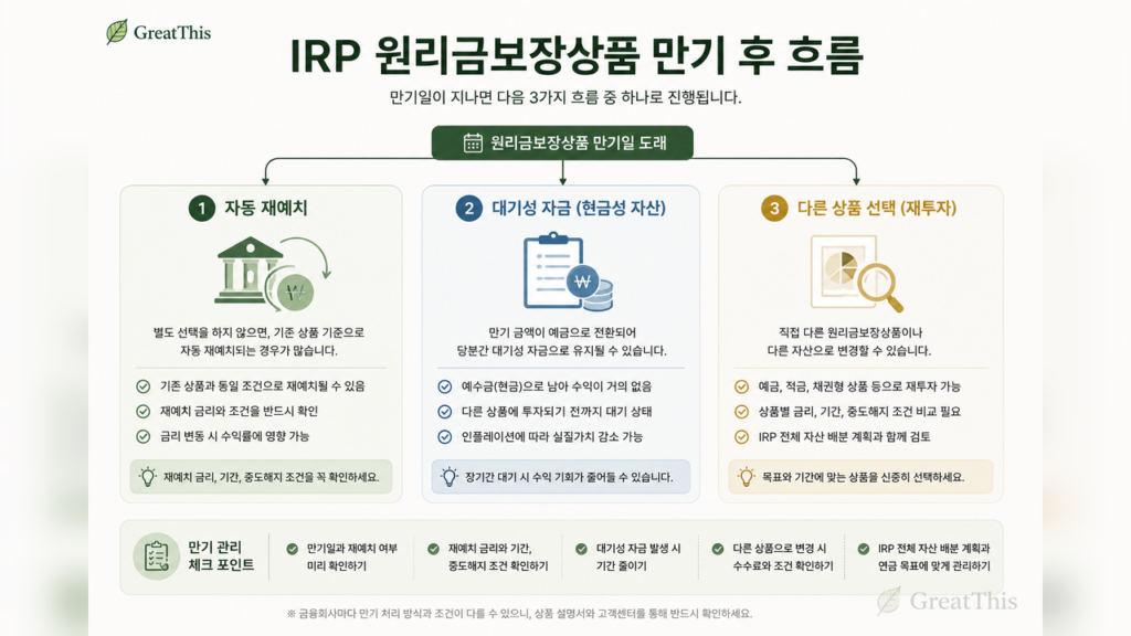 IRP 원리금보장상품 만기 후 자동 재예치와 대기성 자금, 다른 상품 선택 흐름을 설명한 이미지