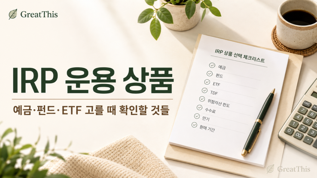 IRP 운용 상품과 예금 펀드 ETF 선택 전 확인사항을 설명하는 생활금융 이미지