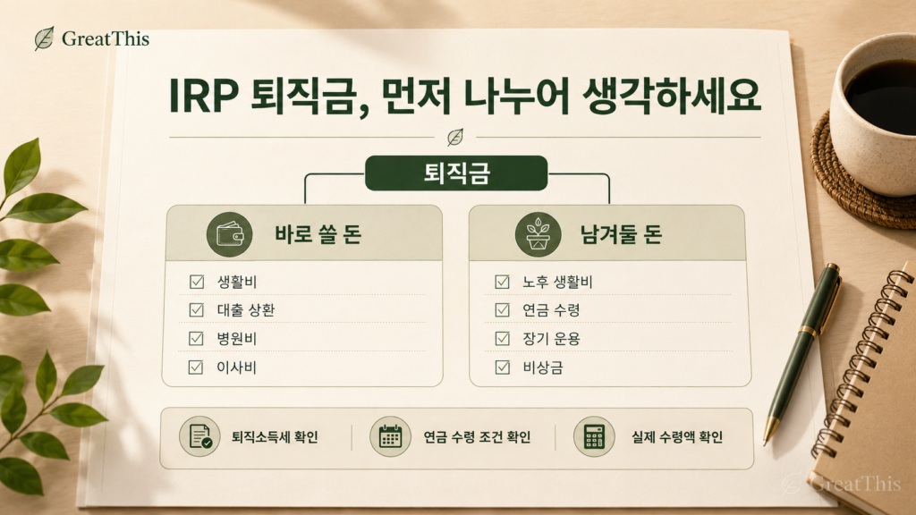 IRP 퇴직금 수령 전 바로 쓸 돈과 연금으로 남길 돈을 나누어 확인하는 체크리스트