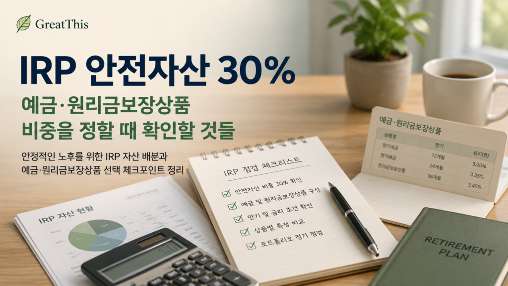 IRP 안전자산 30%와 예금 원리금보장상품 확인사항을 보여주는 썸네일 이미지