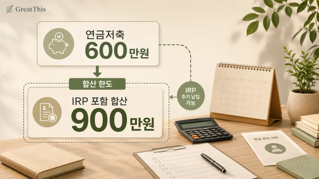 연금저축 600만원과 IRP 포함 합산 900만원 세액공제 한도 구조를 설명하는 이미지