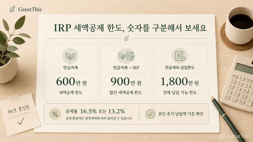 IRP 세액공제 한도에서 연금저축 600만 원 합산 900만 원 납입한도 1800만 원을 비교한 이미지