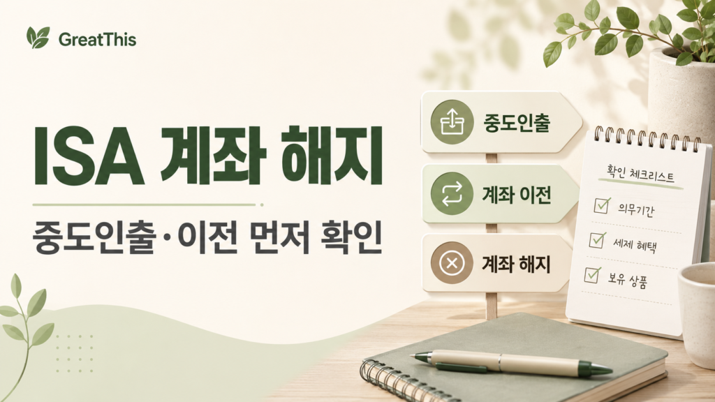 ISA 계좌 해지 전 중도인출과 계좌 이전을 먼저 확인해야 한다는 내용을 안내하는 GreatThis 썸네일