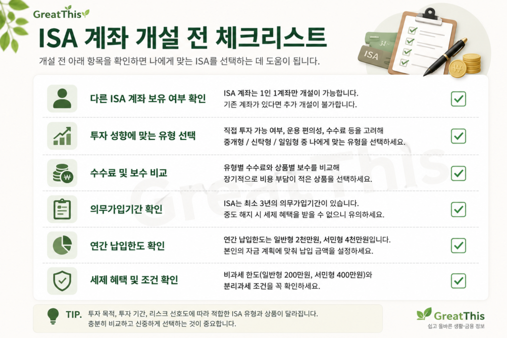 중개형 ISA 계좌를 만들기 전에 수수료 납입한도 세제 혜택을 확인하는 GreatThis 체크리스트 이미지