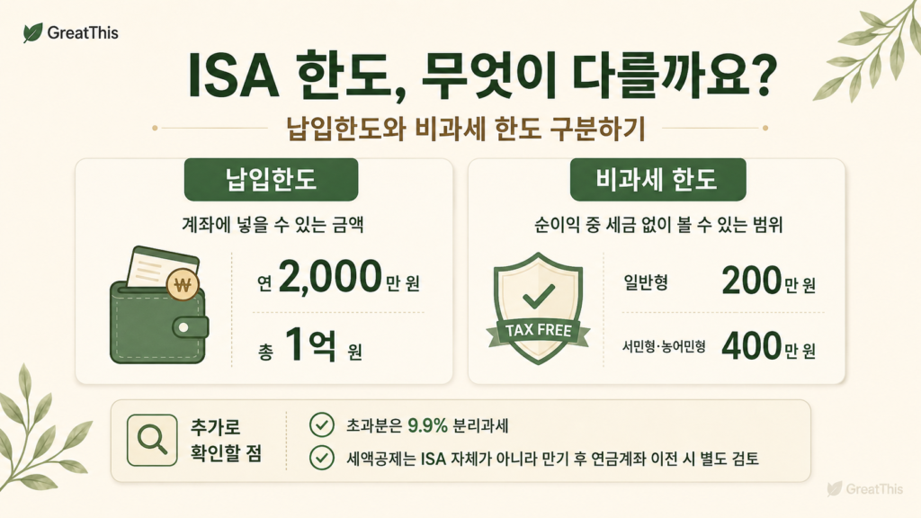 ISA 납입한도와 비과세 한도의 차이를 비교해 정리한 GreatThis 본문 이미지