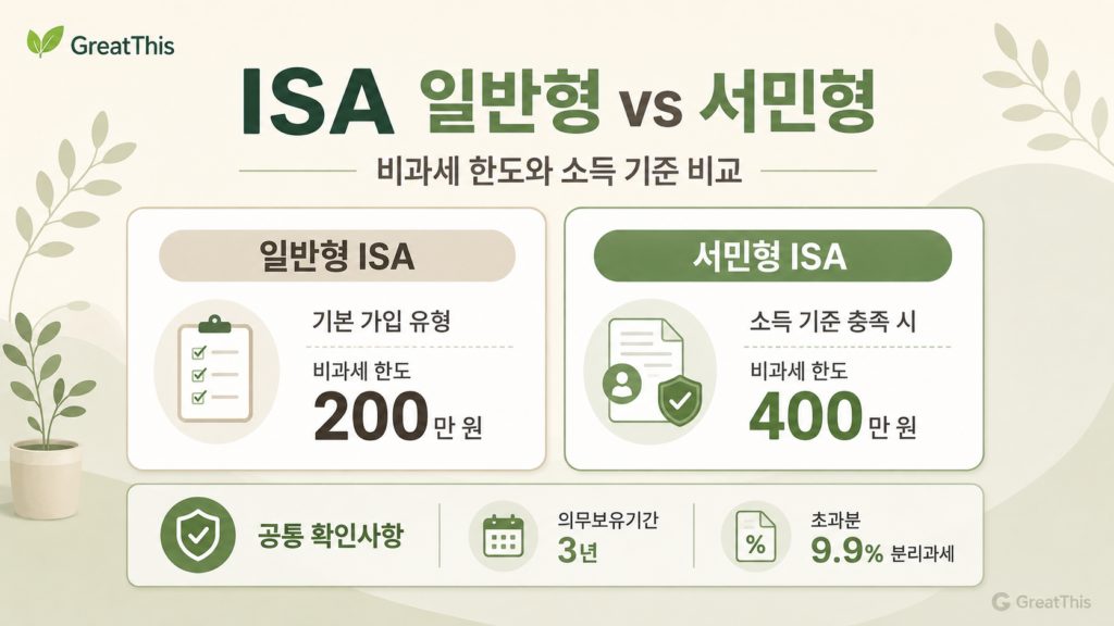 ISA 일반형과 서민형의 비과세 한도와 소득 기준 차이를 비교한 GreatThis 본문 이미지