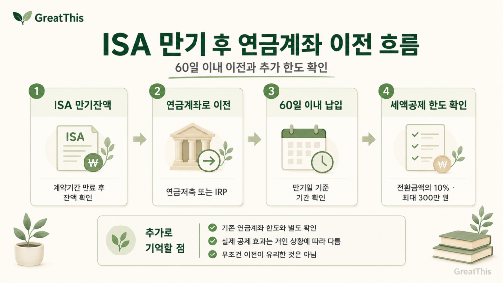 ISA 만기잔액 → 연금계좌 이전 → 60일 이내 납입 → 전환금액 10%, 최대 300만 원 추가 한도 흐름을 정리