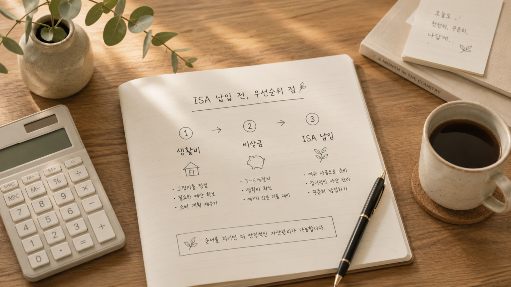 퇴사 후 ISA 납입 전 생활비 비상금 우선순위를 정리하는 장면