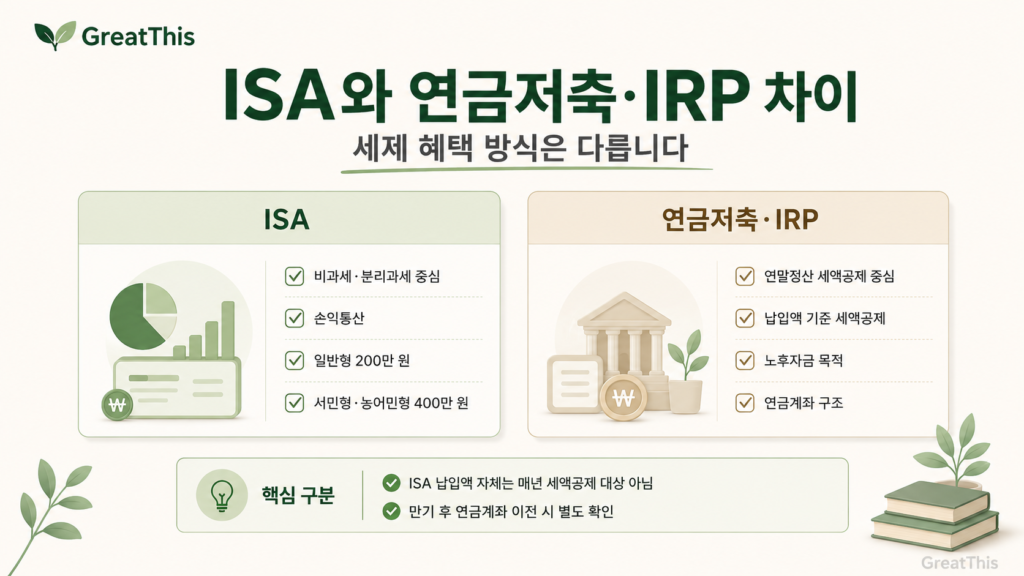 ISA는 비과세·분리과세 중심이고, 연금저축·IRP는 연말정산 세액공제 중심이라는 차이를 시각적으로 정리