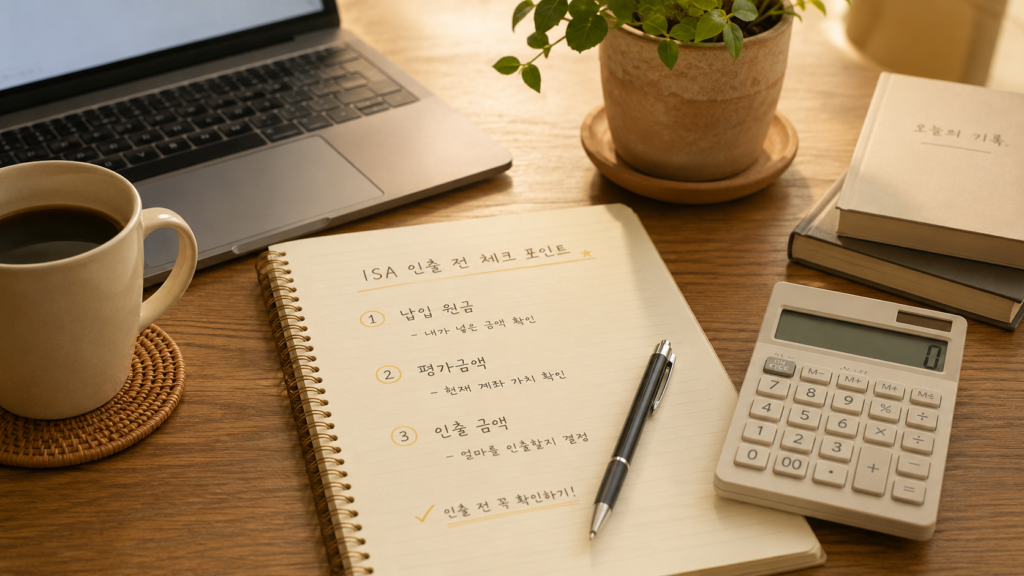 ISA 중도인출 전 납입 원금 평가금액 인출 금액을 확인하는 장면