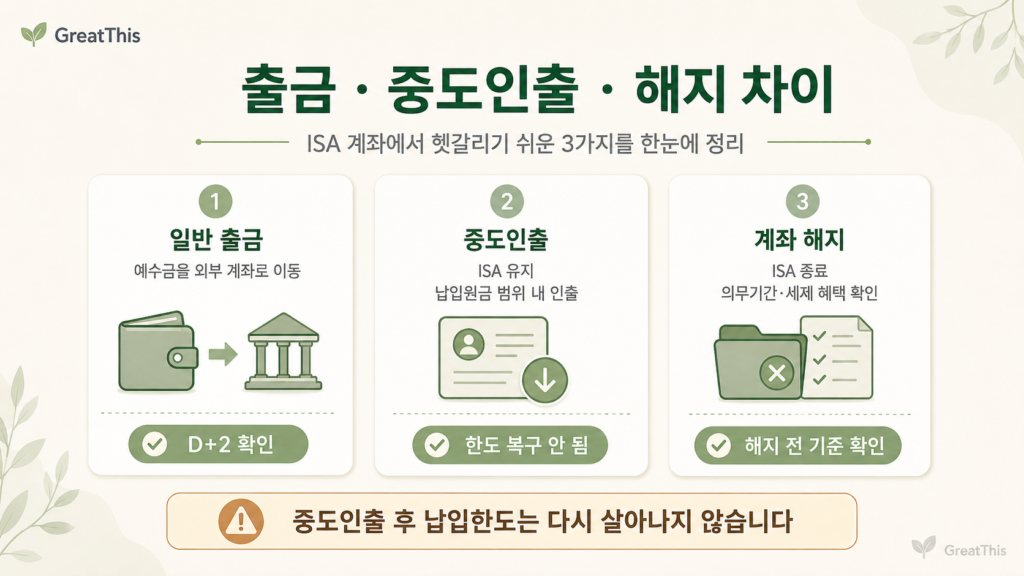 ISA 계좌에서 일반 출금, 중도인출, 계좌 해지의 차이를 비교한 안내 이미지