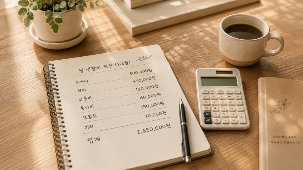 한 달 생활비를 계산하며 비상금 목표를 정리하는 장면