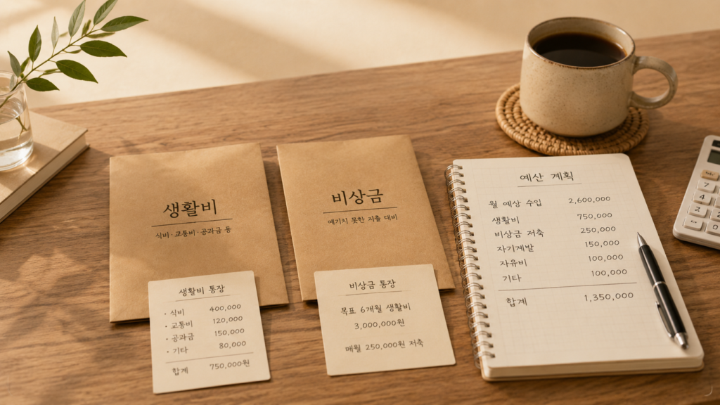 생활비와 비상금 예산을 나누어 정리하는 장면