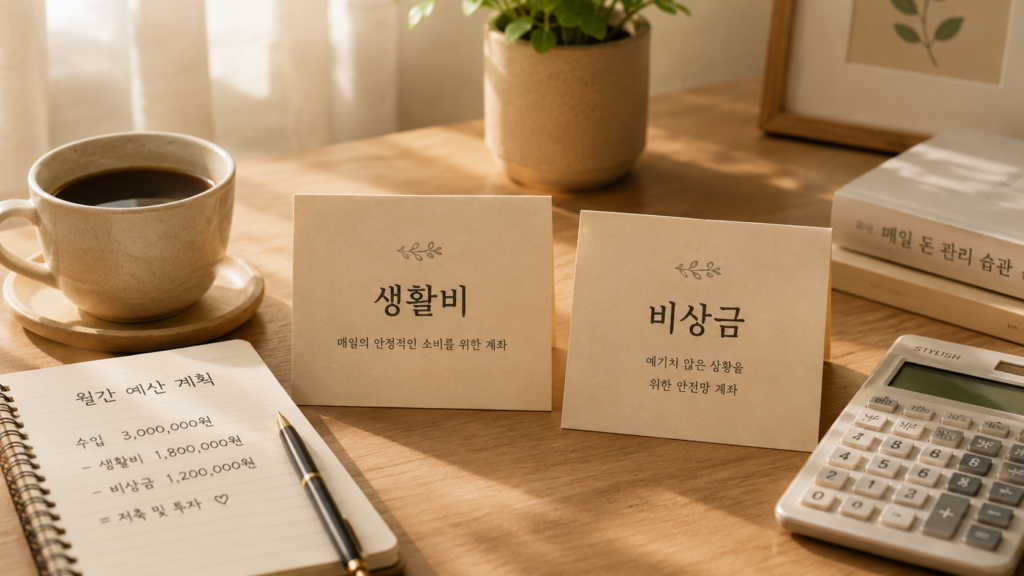 생활비 통장과 비상금 통장을 나누어 관리하는 장면