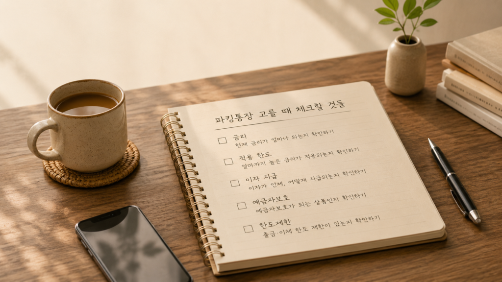 파킹통장 금리 적용 한도 이자 지급 방식 예금자보호를 체크하는 장면