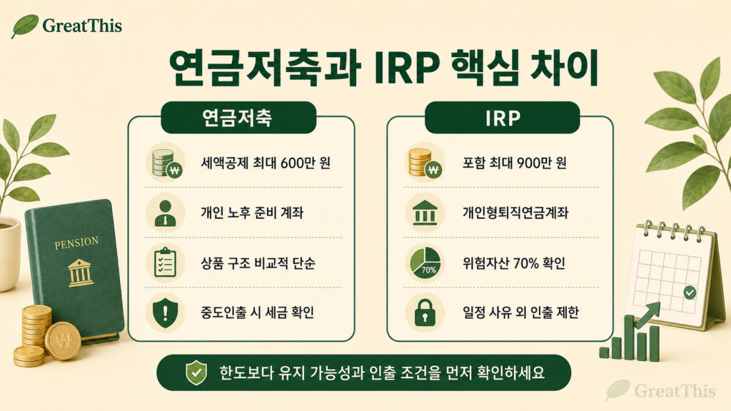 연금저축과 IRP의 세액공제 한도 계좌 성격 운용 제한 중도인출 조건 비교표