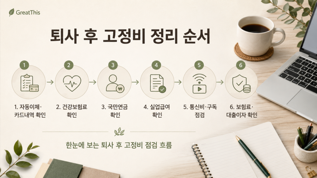 퇴사 후 고정비 정리 순서를 한눈에 보여주는 GreatThis 흐름도 이미지
