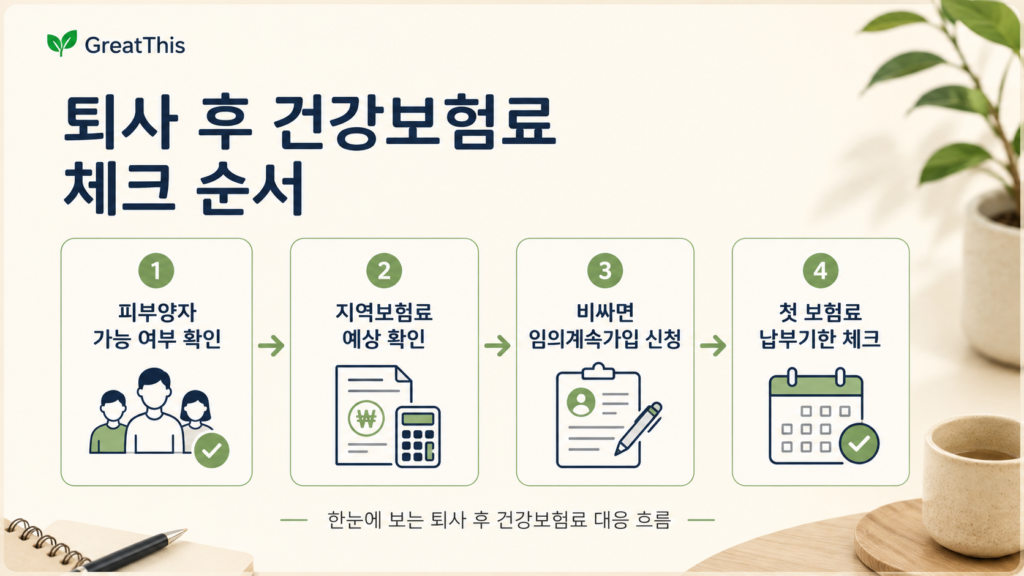 퇴사 후 건강보험료 확인 순서를 정리한 GreatThis 흐름도 이미지