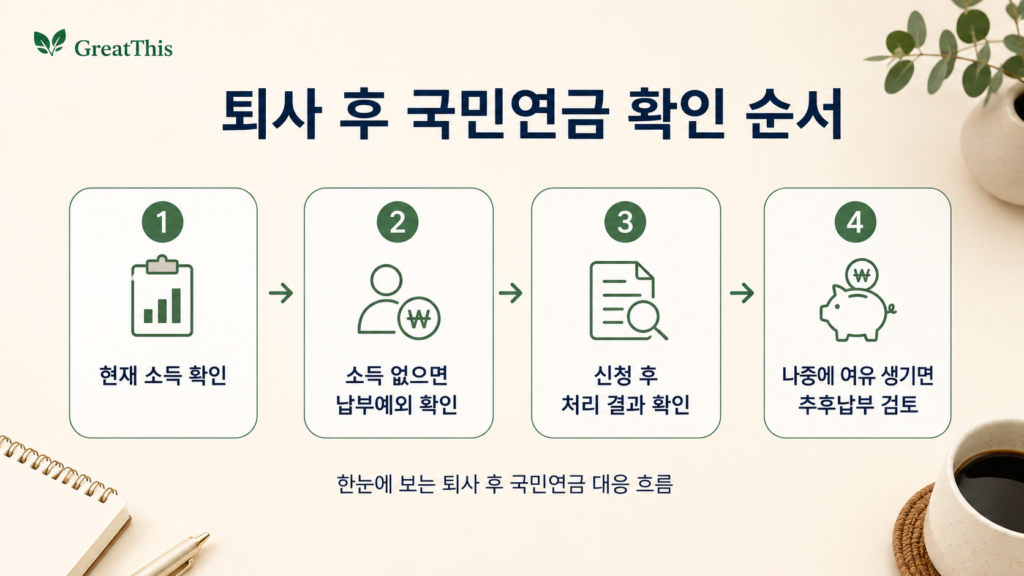 퇴사 후 국민연금 확인 순서를 정리한 GreatThis 흐름도 이미지