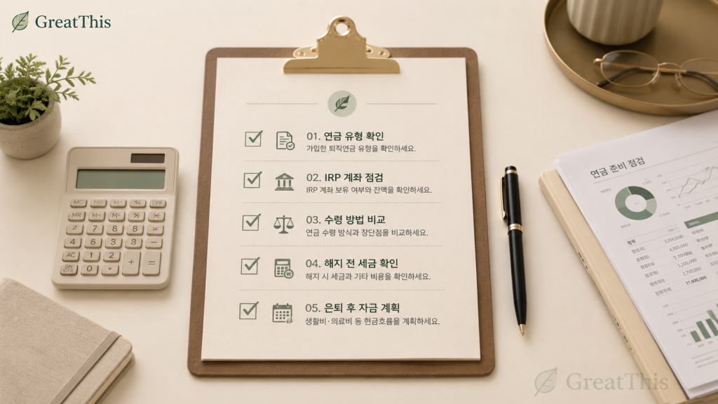 퇴직금 수령 전 IRP 계좌와 수령 방식 세금 확인 항목을 정리한 체크리스트 이미지