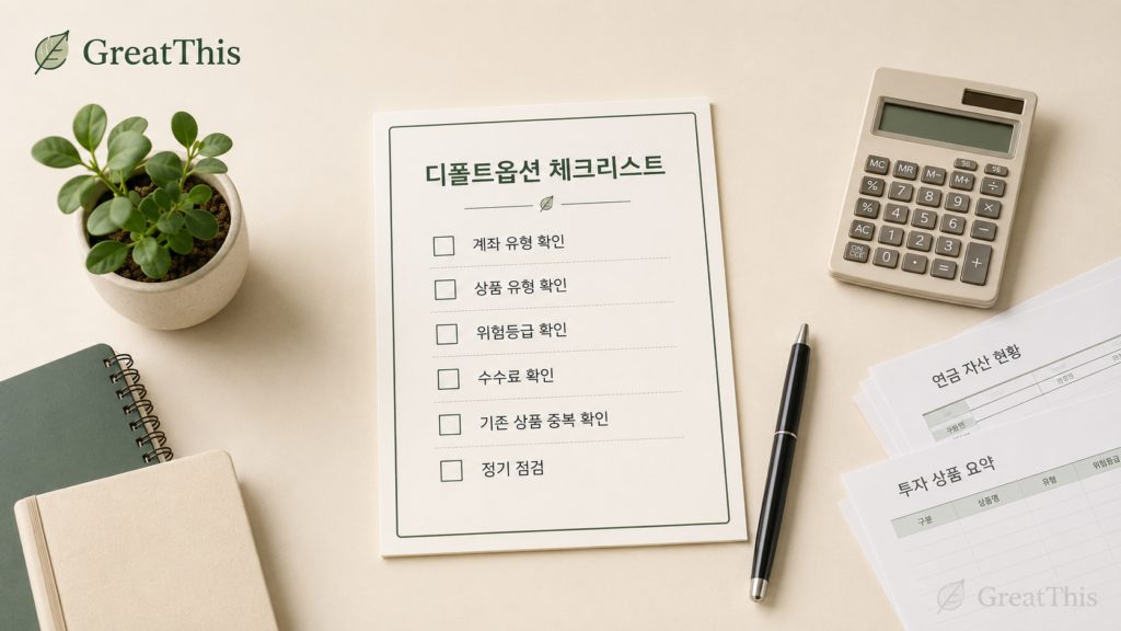 퇴직연금 디폴트옵션 선택 전 계좌 유형 상품 유형 위험등급 수수료를 확인하는 체크리스트 이미지