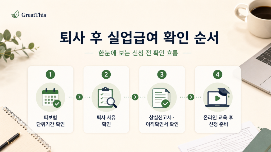 퇴사 후 실업급여 신청 전 확인 순서를 정리한 GreatThis 흐름도 이미지