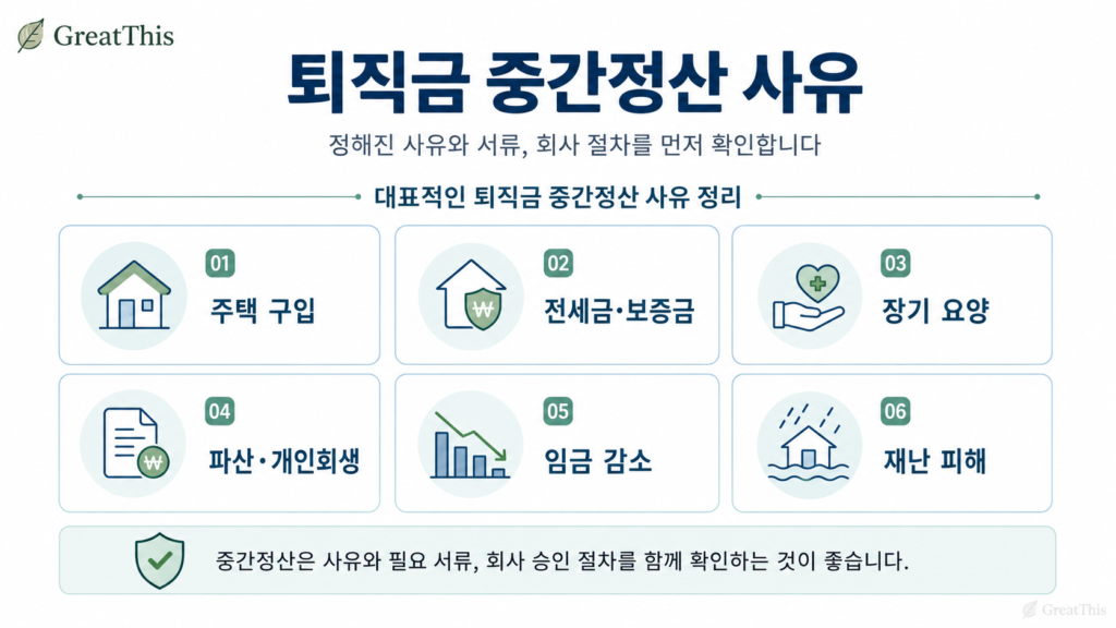 주택 구입 전세금 장기 요양 파산 개인회생 임금 감소 등 퇴직금 중간정산 대표 사유를 정리한 이미지