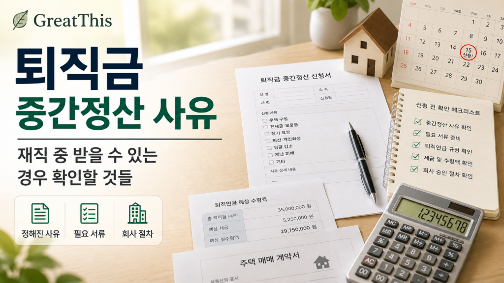퇴직금 중간정산 사유와 재직 중 받을 수 있는 경우를 설명한 이미지
