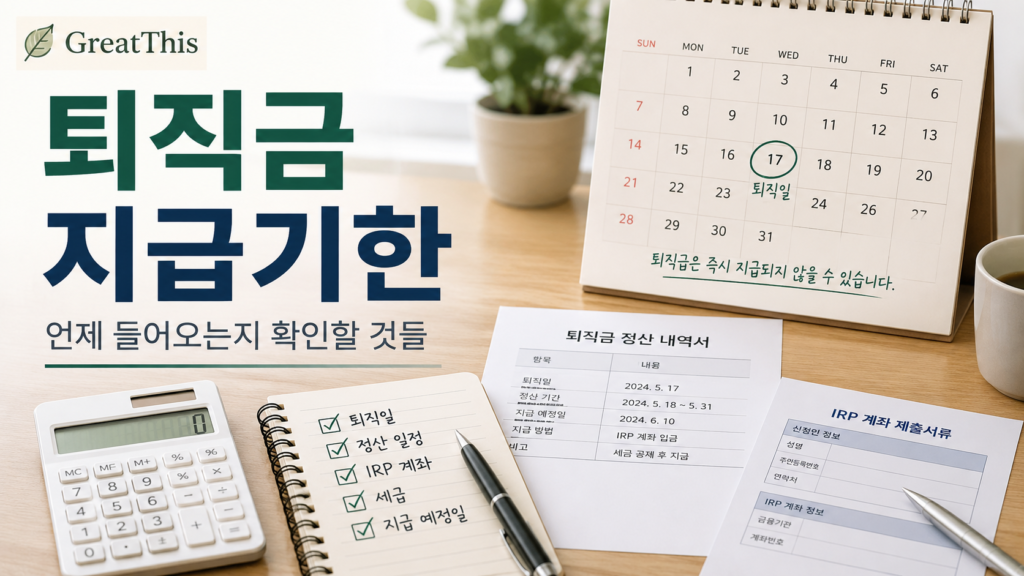 퇴직금 지급기한과 퇴직급여 입금 시점 확인사항을 설명한 이미지