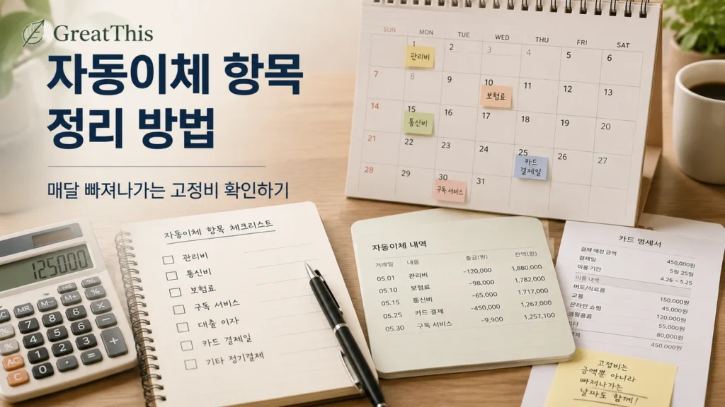 자동이체 항목과 매달 빠져나가는 고정비를 정리하는 방법을 설명하는 이미지