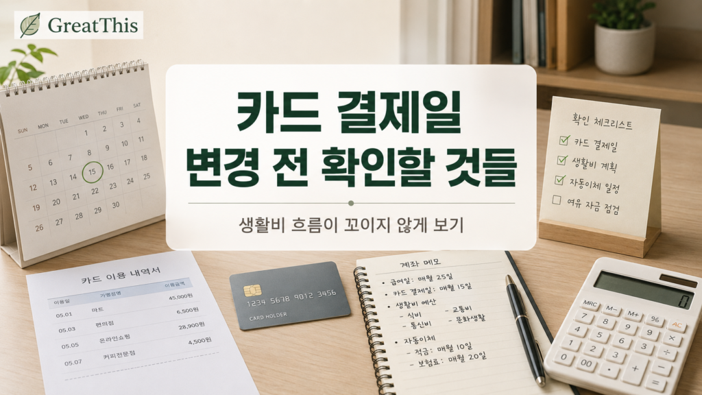 카드 결제일 변경 전에 생활비 흐름과 카드 대금 출금일을 확인하는 방법을 설명하는 이미지