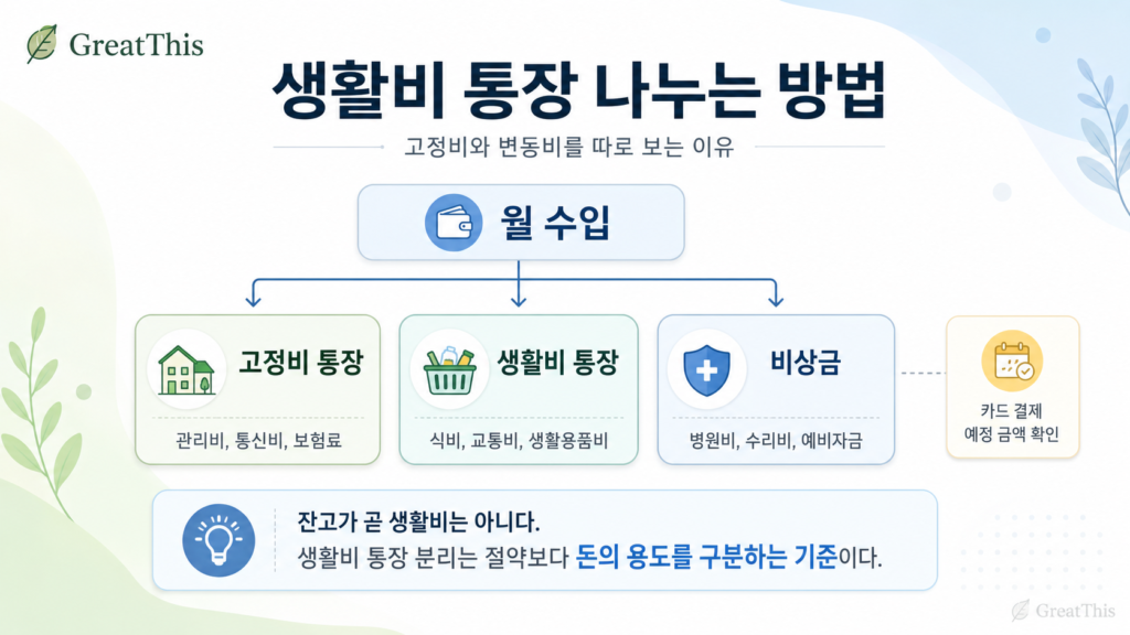 고정비 통장과 변동비 통장, 비상금을 나누어 생활비 흐름을 관리하는 방법을 보여주는 이미지