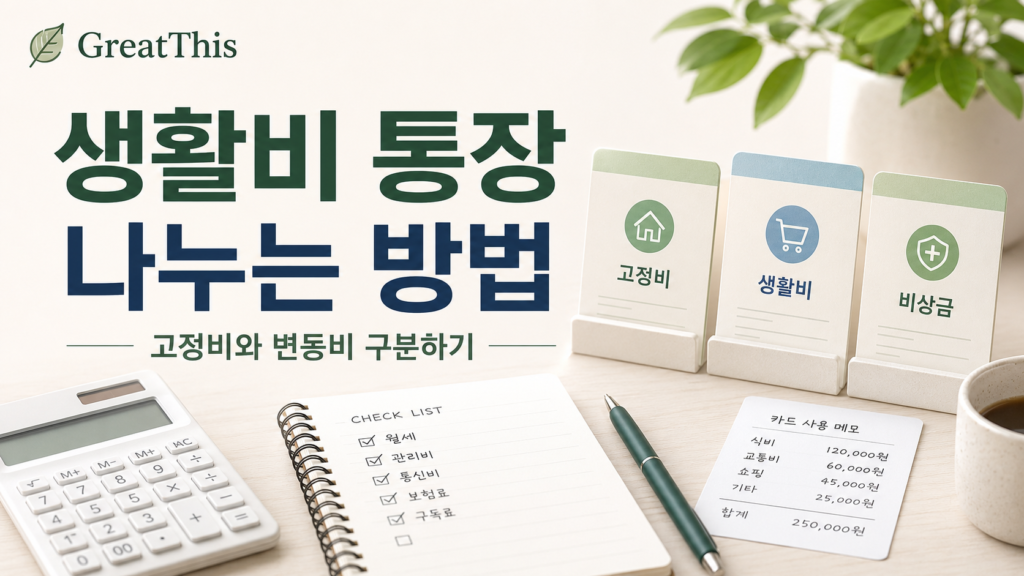 생활비 통장을 고정비와 변동비로 나누어 관리하는 방법을 설명하는 이미지